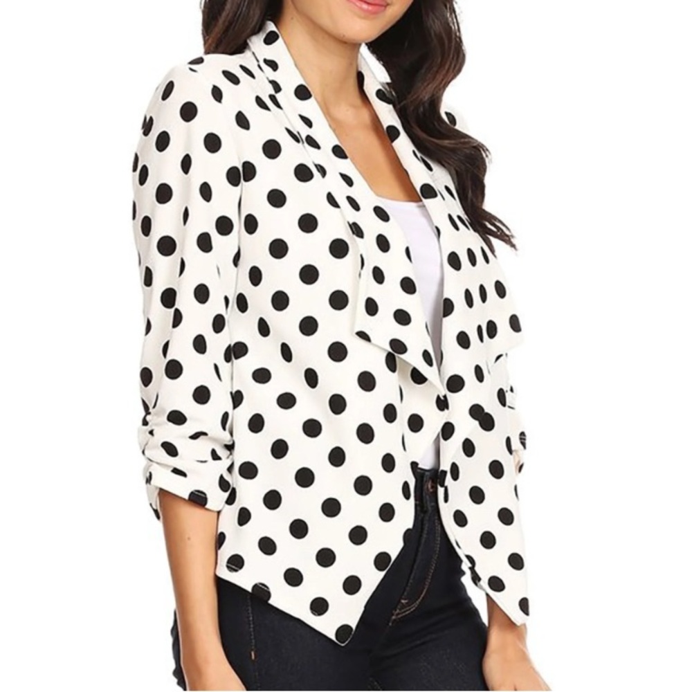 Chic Black Polka Dot Women's Top Blazer Ruched Half-Sleeve
